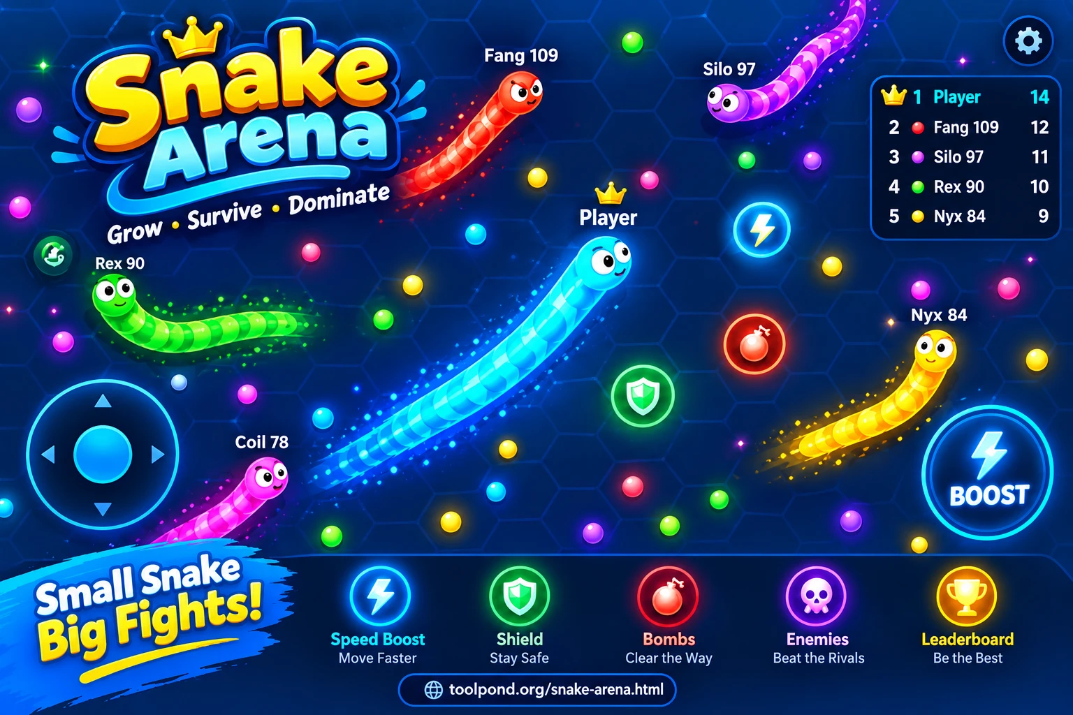 Snake Arena — free online multiplayer snake game, grow, survive, dominate